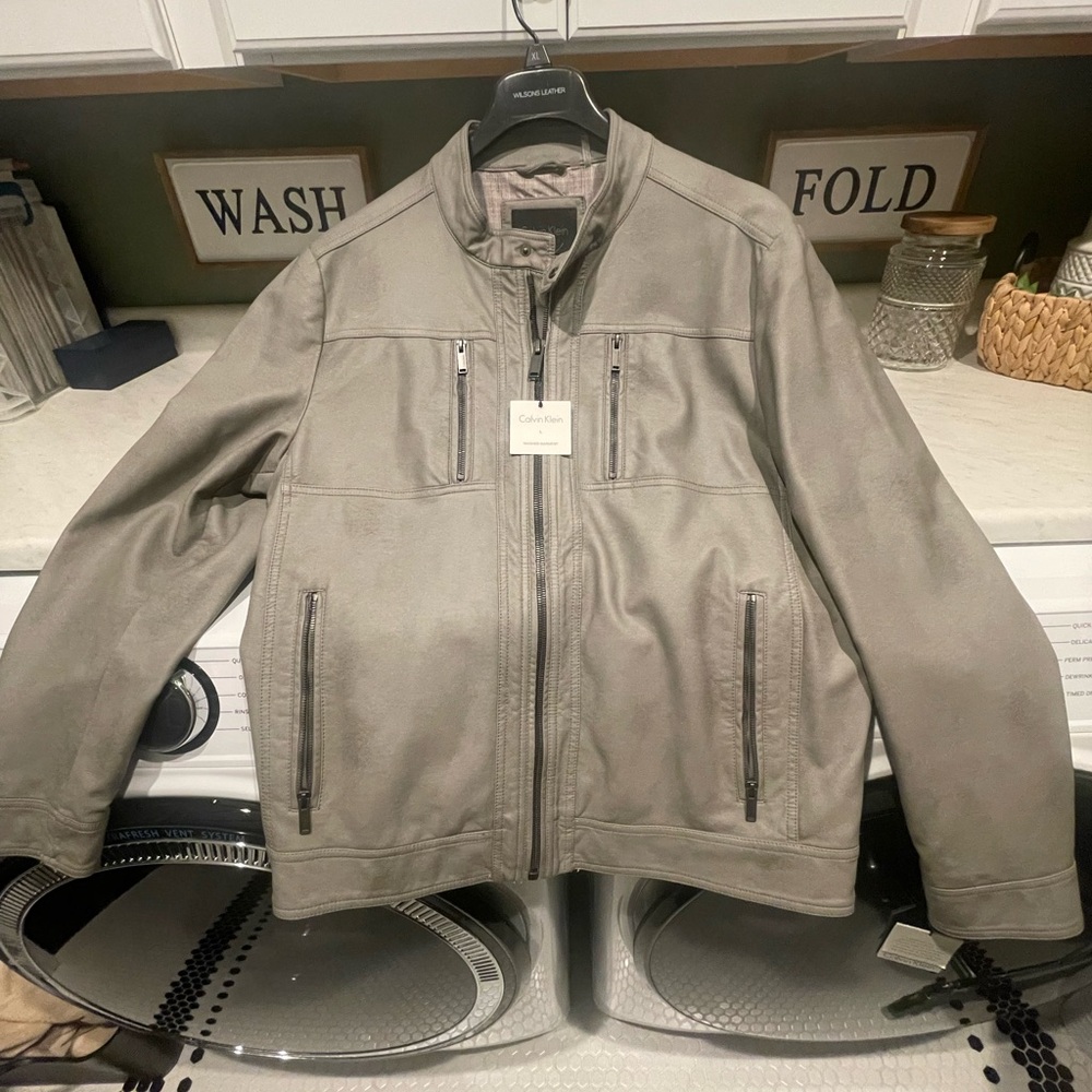 Calvin Klein Men's Light Gray Leather Jacket